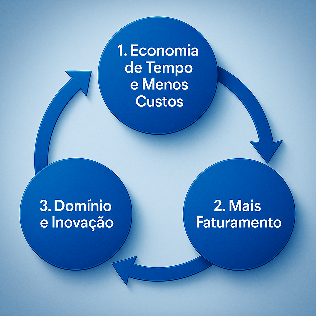 Ciclo de Resultados contínuos com 3 fases: Economia, Faturamento e Domínio.